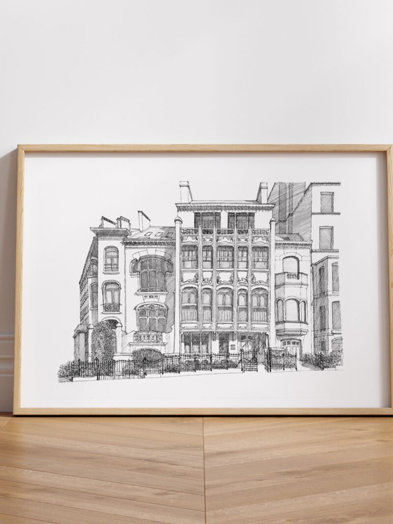Dessin architectural de l’Hôtel Van Eetvelde à Bruxelles, façade Art nouveau avec structure métallique et baies vitrées, réalisé par Victor Horta en 1895.