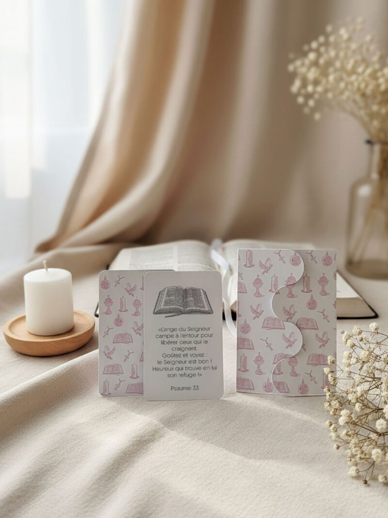 Cartes prière baptême rose avec étui