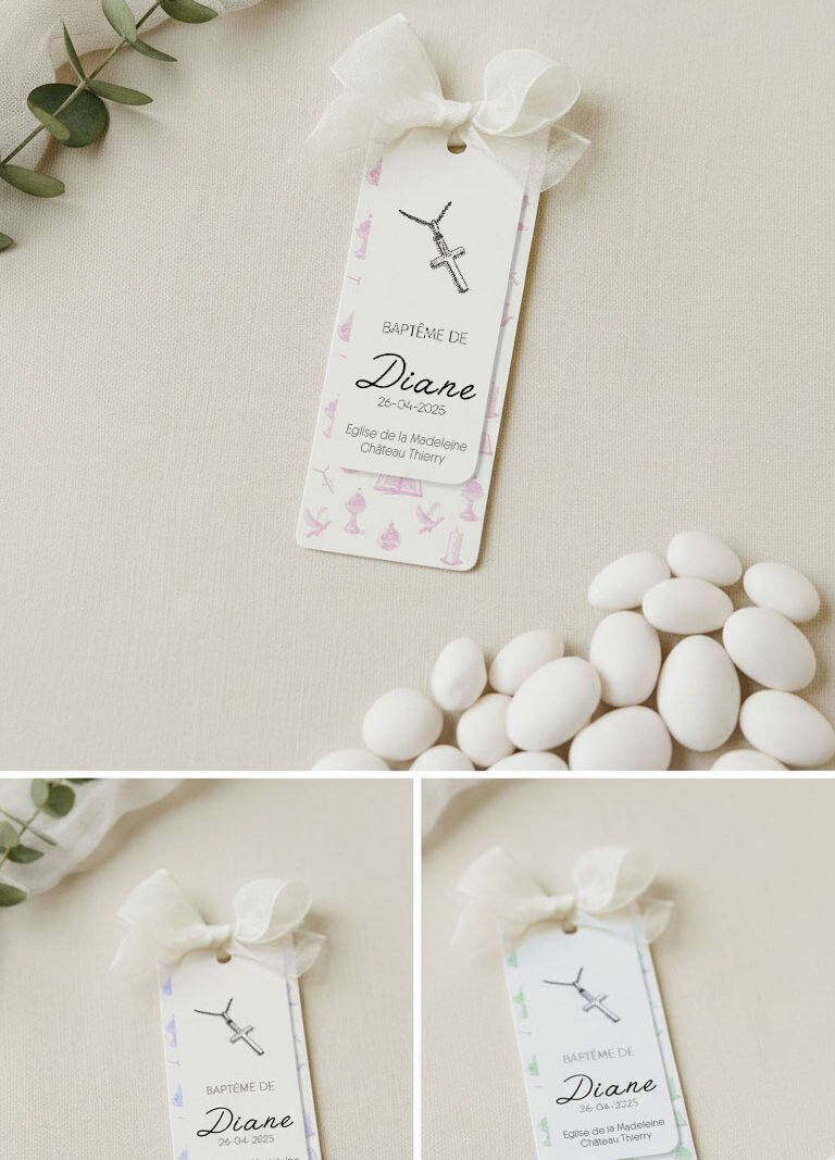 Signets de baptême personnalisé rose, vert et bleu, avec ruban, illustration dessinée à la main issue de la collection baptême Prulines